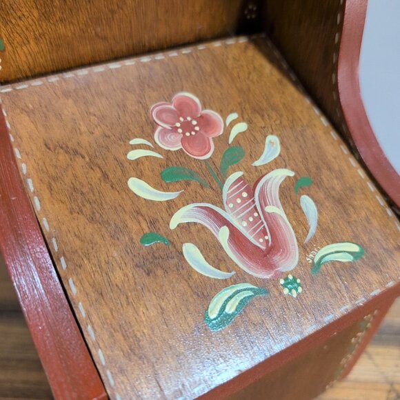 Wooden Vintage Rosemaled Recipe Card Trinket Storage Box - Picture 3 of 6